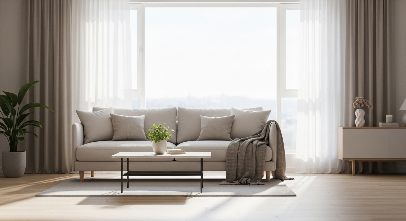 Phòng khách rộng rãi, gọn gàng với sofa màu trung tính, bàn trà tối giản, cây cảnh nhỏ và ánh sáng tự nhiên. Không gian lý tưởng giúp tiết kiệm thời gian làm việc nhà.
