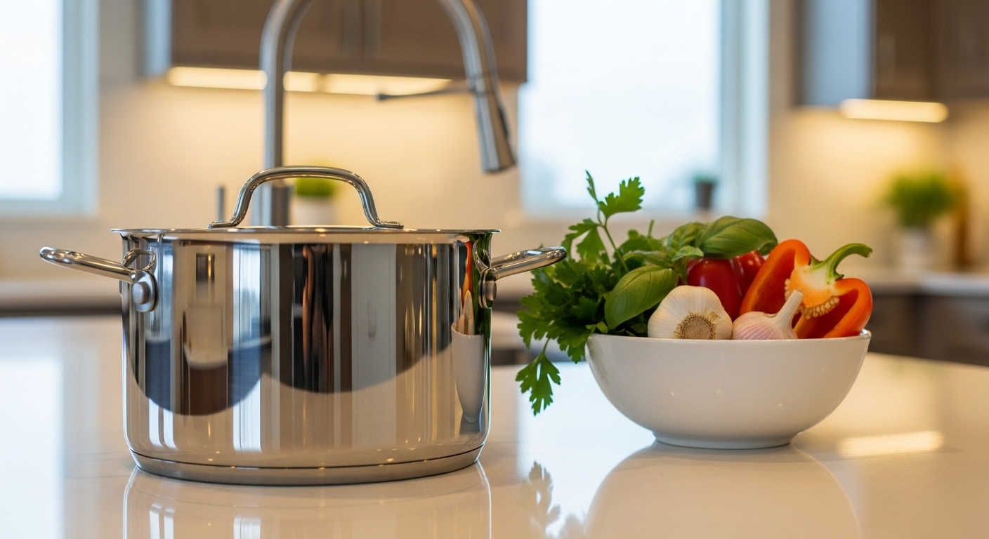 Nồi inox sáng bóng, sạch sẽ đặt trên bàn bếp tinh tươm, phản chiếu ánh sáng căn bếp hiện đại. Để giữ dụng cụ luôn như mới, điều quan trọng là biết cách làm sạch nồi bị cháy hiệu quả.