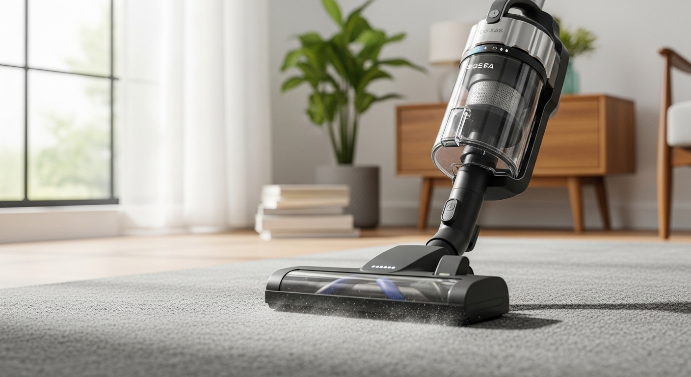 Máy hút bụi hiện đại đang làm sạch thảm lông trong phòng sáng sủa, hiệu quả cho việc vệ sinh nhà ở.