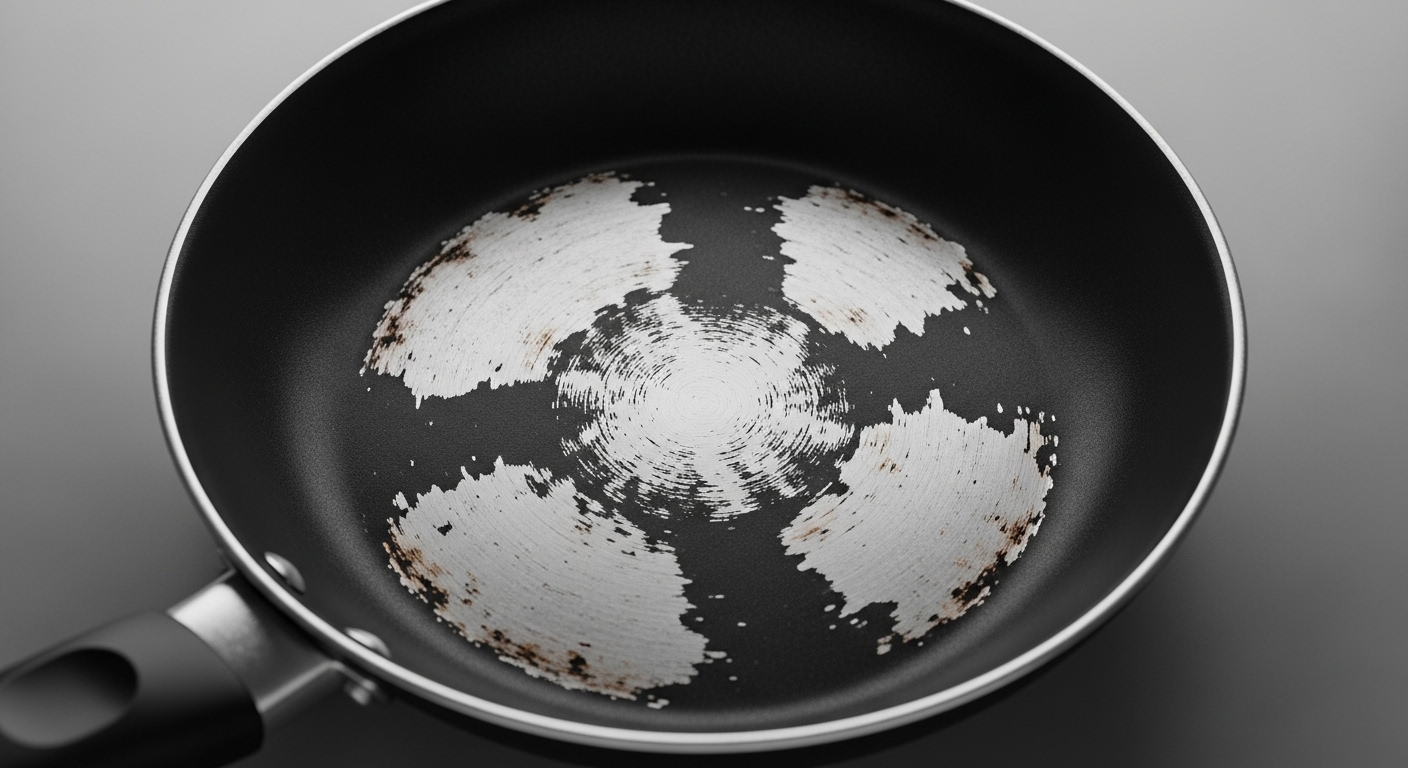 Cận cảnh lòng chảo chống dính cũ bị bong tróc, trầy xước nặng. Hình ảnh này nhấn mạnh tầm quan trọng của việc vệ sinh và bảo quản nồi chảo đúng cách, đặc biệt là khi tìm Cách tẩy vết cháy nồi chảo hiệu quả mà không làm hỏng bề mặt.