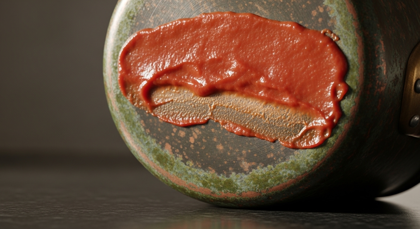 Đáy nồi đồng xỉn màu nặng, bám lớp tương cà đặc quánh và gỉ xanh, cho thấy cần cách vệ sinh đáy xoong nồi triệt để trên mặt bếp tối.