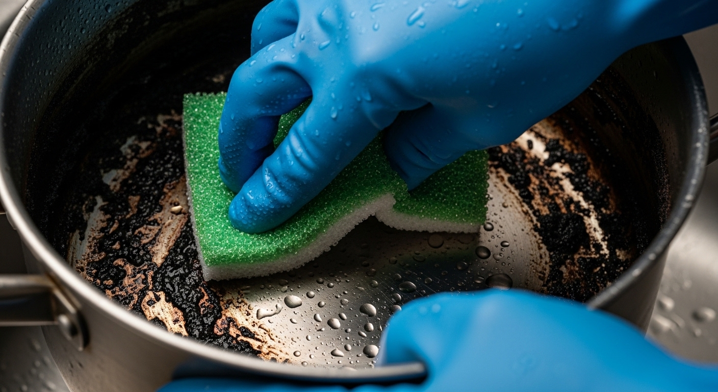 Bàn tay đeo găng xanh đang cọ rửa lớp cháy đen bên trong nồi inox bằng miếng cọ, minh họa cách làm sạch đáy nồi inox bị cháy đen hiệu quả.