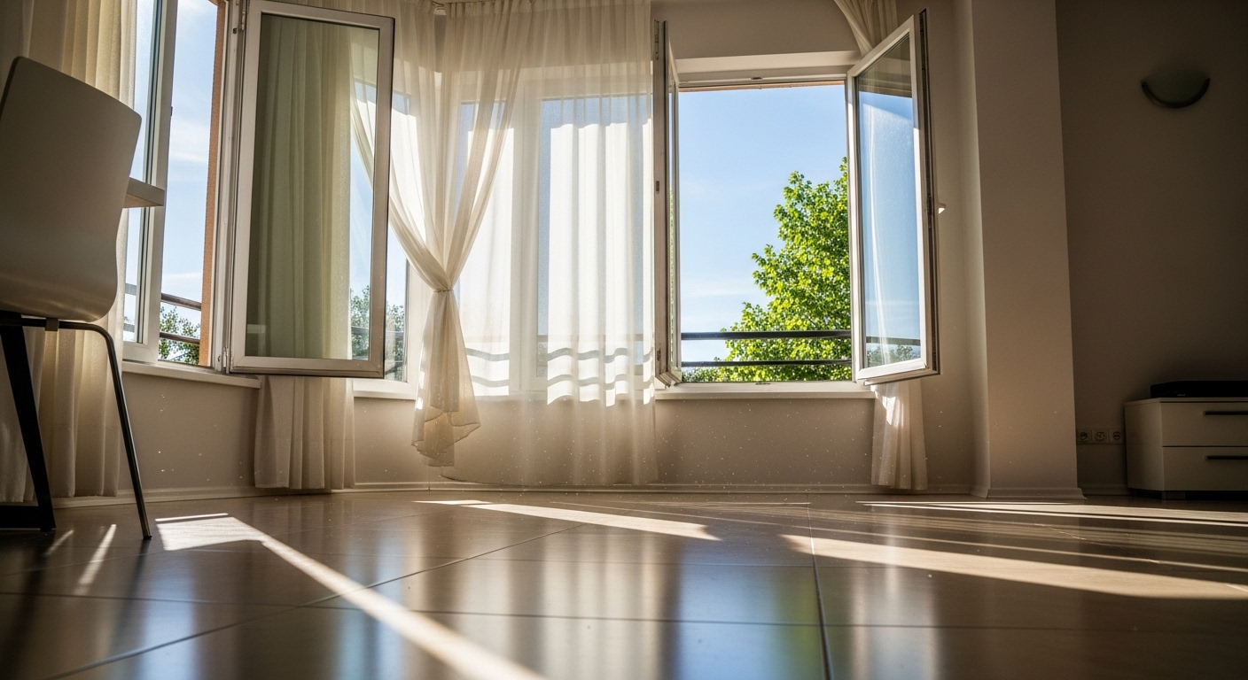 Phòng khách ngập nắng với sàn gạch sạch bóng, thể hiện hiệu quả của cách lau nhà sạch bóng.