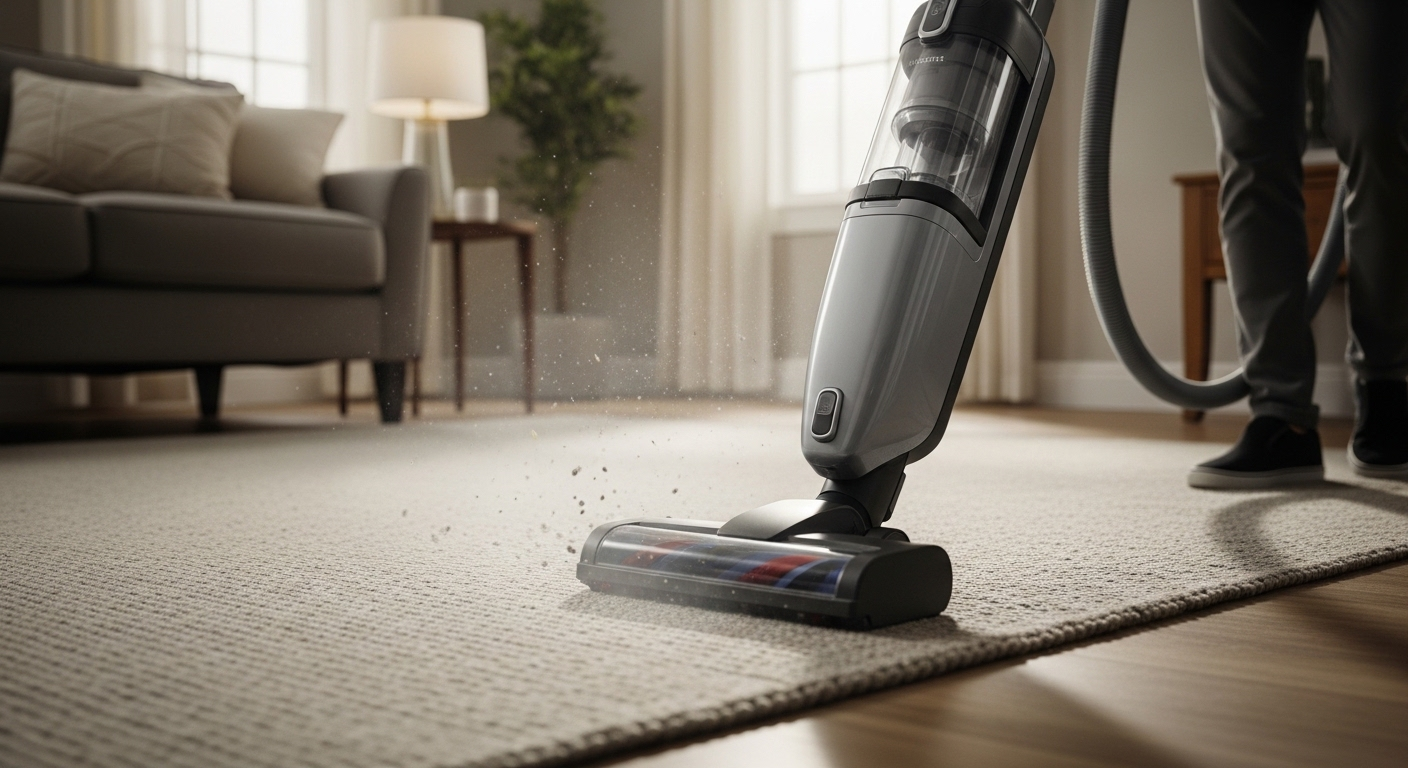 Máy hút bụi hiện đại đang hoạt động trên thảm trải sàn trong phòng khách ấm cúng, khu vực đã được hút bụi phía sau sạch bong không bụi bẩn. Hình ảnh thể hiện bước đầu tiên hiệu quả trong quy trình lau sàn nhà chuyên nghiệp.