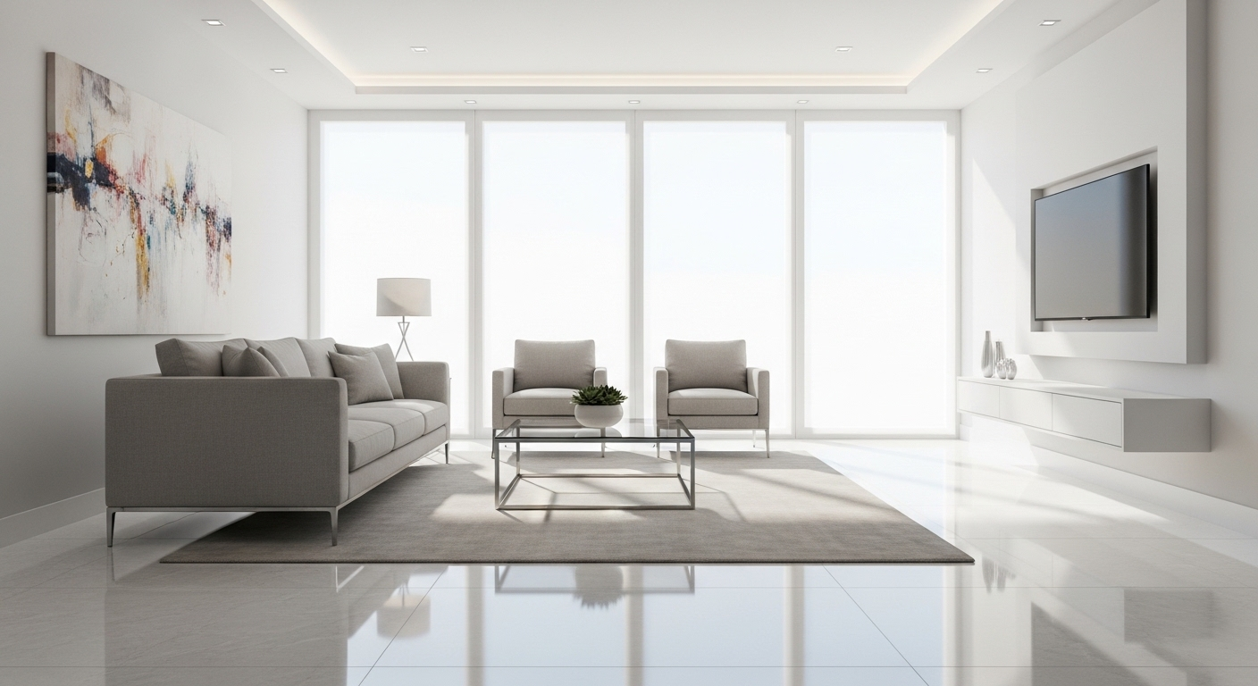 Phòng khách sáng bừng với sàn đá bóng loáng như gương, nội thất tối giản, thể hiện cách lau nhà sạch hiệu quả và không gian sống lý tưởng.