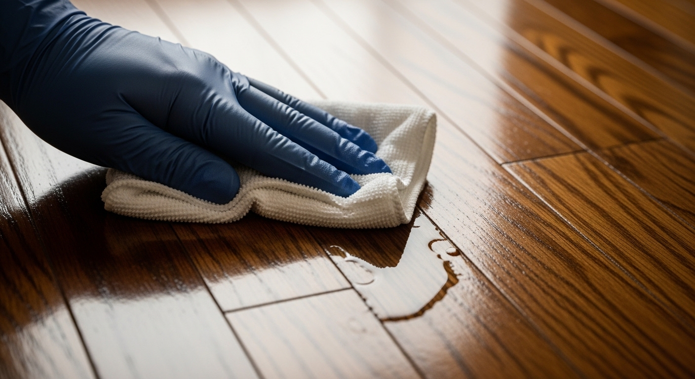 Close-up bàn tay đeo găng dùng khăn ẩm lau sàn gỗ bóng loáng, minh họa cách lau nhà sạch nhẹ nhàng để giữ vẻ đẹp tự nhiên của gỗ.