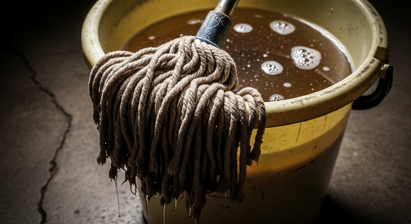 Cận cảnh đầu cây lau nhà bông cũ, xơ rối bám đầy vết bẩn đen đang ngâm trong nước đục trong xô nhựa. Hình ảnh này cho thấy rõ lý do cần tìm cách lau nhà sạch không bị rít đúng chuẩn.