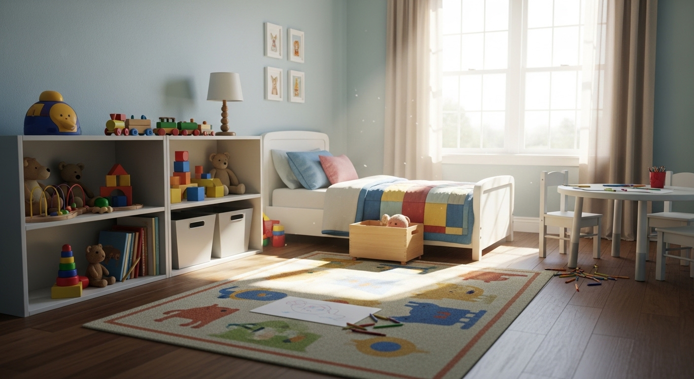 Phòng ngủ trẻ em sáng sủa, sạch sẽ với đồ chơi gọn gàng trên kệ và thảm màu sắc, minh họa cách vệ sinh nhà cửa sạch sẽ và đúng cách.