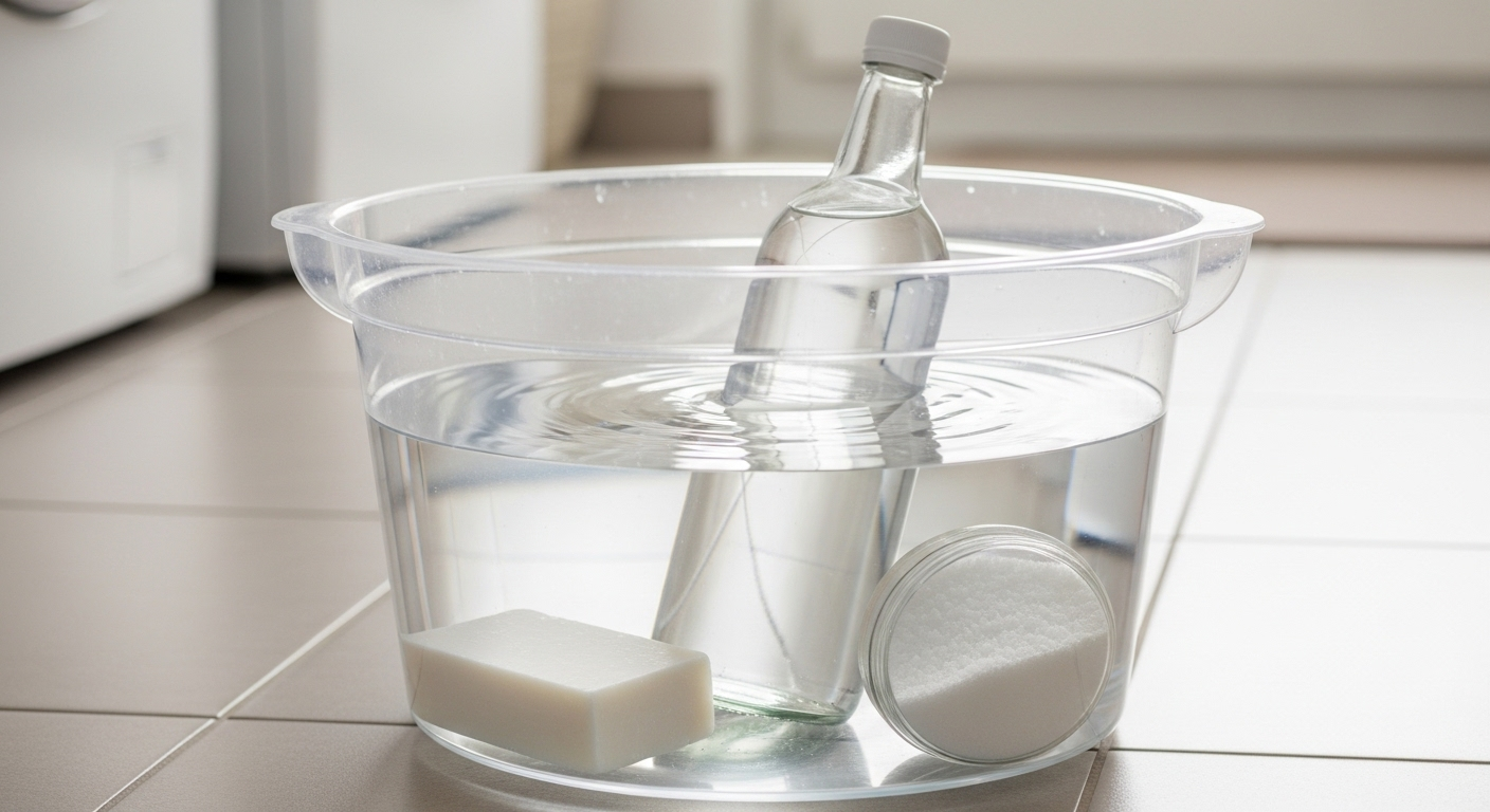 Xô nước sạch chứa giấm, muối và xà phòng trắng, minh họa nguyên liệu cho cách làm nước lau sàn tự nhiên tại nhà.