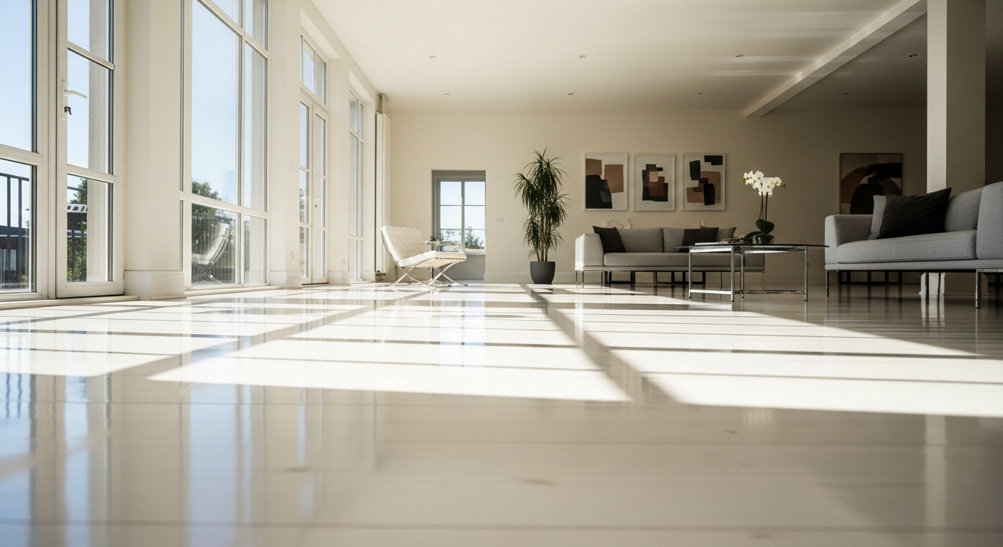 Sàn nhà sạch bóng, phản chiếu ánh nắng rực rỡ trong phòng khách rộng rãi, minh chứng cho một cách lau nhà sạch hiệu quả.