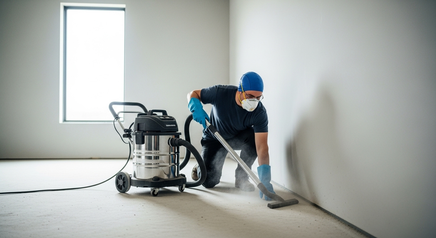 Người thợ đeo khẩu trang N95 tỉ mỉ hút bụi mịn bằng máy hút bụi công nghiệp, minh họa cách vệ sinh sàn nhà sau xây dựng hiệu quả trong căn phòng mới.