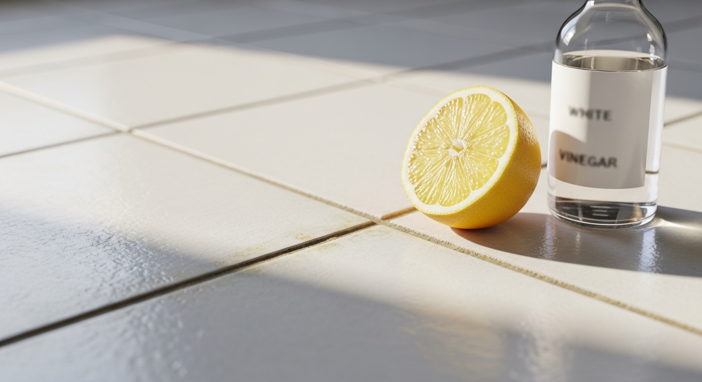 Cận cảnh ron gạch sàn bếp ố vàng, cùng chanh và giấm trắng cho cách lau nhà sạch tự nhiên.