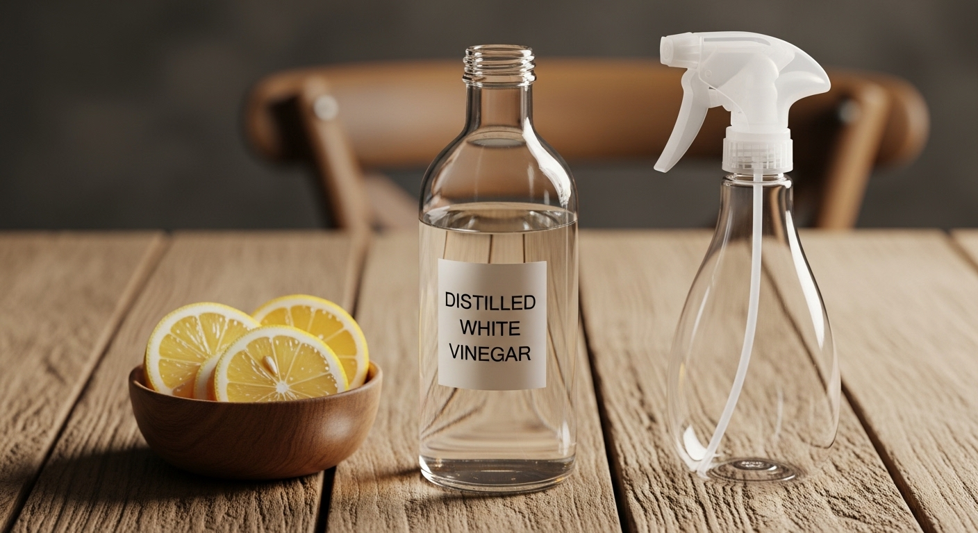 Chai giấm trắng, lát chanh tươi và bình xịt rỗng trên bàn gỗ mộc, chuẩn bị nguyên liệu tự nhiên giúp bạn tìm ra cách lau nhà sạch không bị rít hiệu quả.