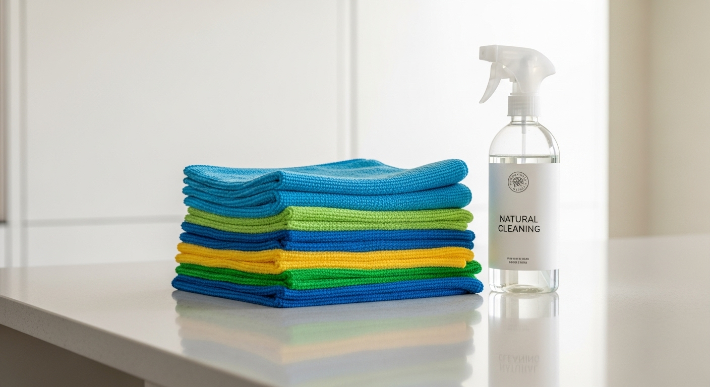 Khăn lau microfiber nhiều màu và chai xịt tẩy rửa tự nhiên trên bàn bếp, gợi ý các mẹo làm sạch nhà bếp hiệu quả.