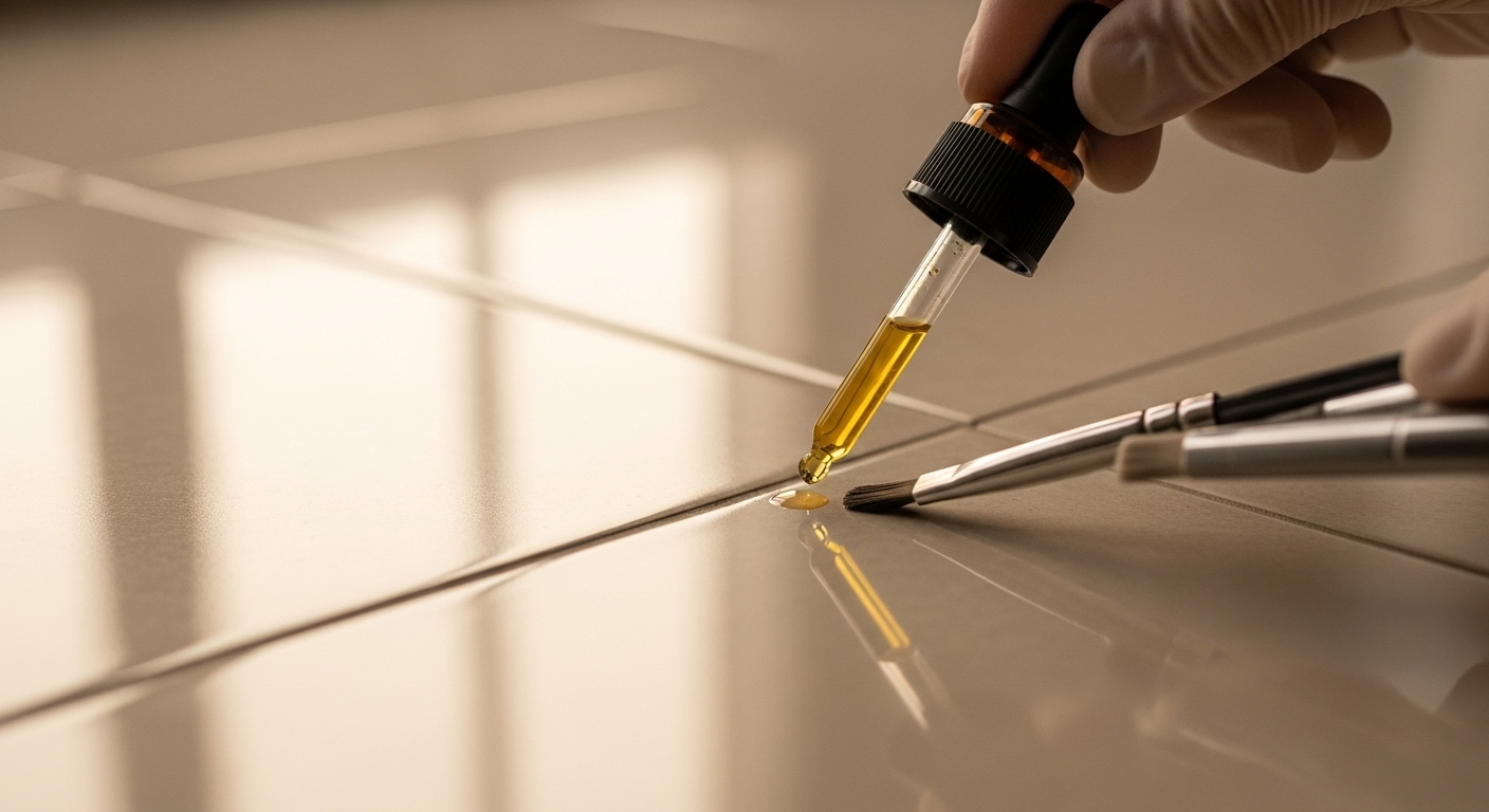 Cận cảnh xử lý vết bẩn nhỏ trên sàn gạch sáng bóng bằng dung dịch chuyên dụng và bàn chải mềm, minh họa cách lau nhà sạch bóng tối ưu.