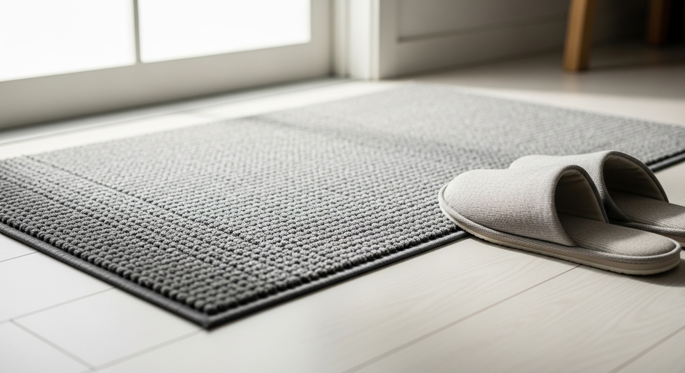 Góc lối vào sạch sẽ với thảm chùi chân xám và dép đi trong nhà trên sàn nhà sáng bóng, minh chứng cho cách lau nhà sạch bóng.