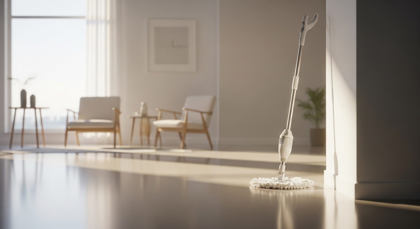 Cây lau nhà xoay hiện đại với đầu lau màu sáng sạch tinh tươm, đứng gọn gàng trong góc phòng khách tối giản, sàn nhà bóng loáng. Một ví dụ về không gian sạch sẽ nhờ biết cách làm sạch cây lau nhà hiệu quả.