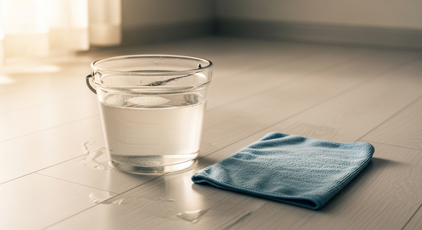Xô nước ấm, khăn microfiber ẩm trên sàn vinyl màu sáng, gợi ý cách lau nhà sạch bóng hiệu quả.