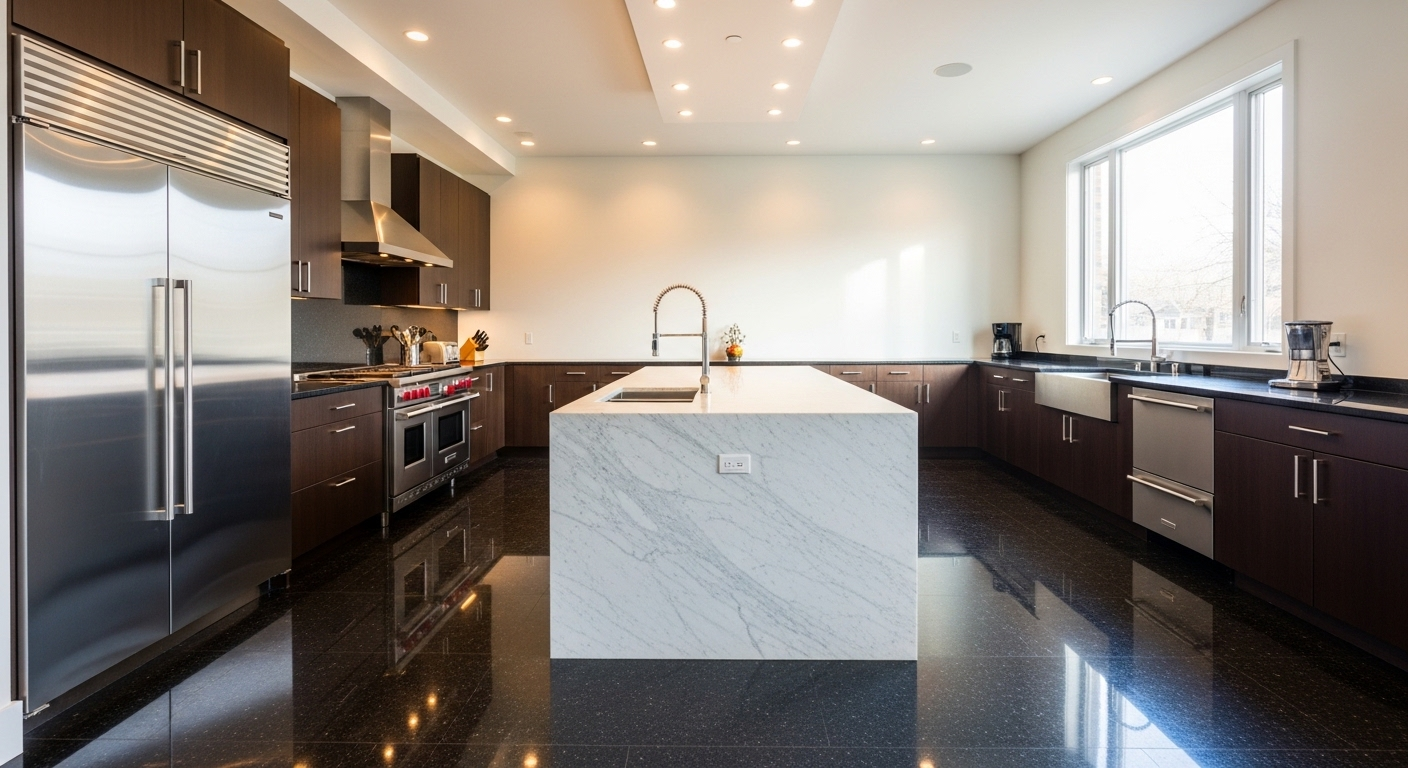 Bếp hiện đại với sàn đá granite sạch bóng loáng, minh chứng cho cách lau nhà hiệu quả.