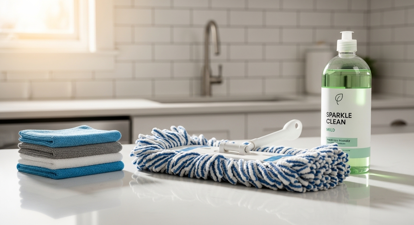 đầu lau khô, khăn microfibre và nước lau sàn thân thiện môi trường, được sắp xếp gọn gàng.