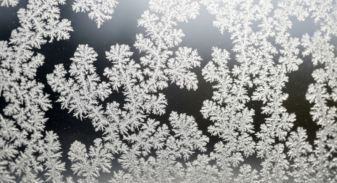 Cận cảnh kính nhà tắm bị bám cặn vôi trắng khô đọng, tạo thành hoa văn phức tạp, minh họa sự cần thiết của cách làm sạch kính nhà tắm hiệu quả.