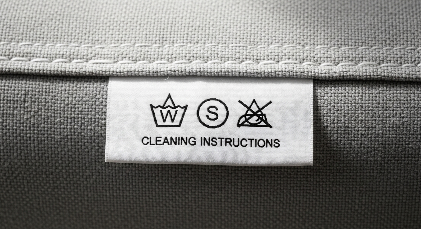 Nhãn mác ghế sofa cận cảnh với các ký hiệu giặt (W, S, X), giúp bạn hiểu rõ cách giặt ghế sofa tại nhà đúng cách.