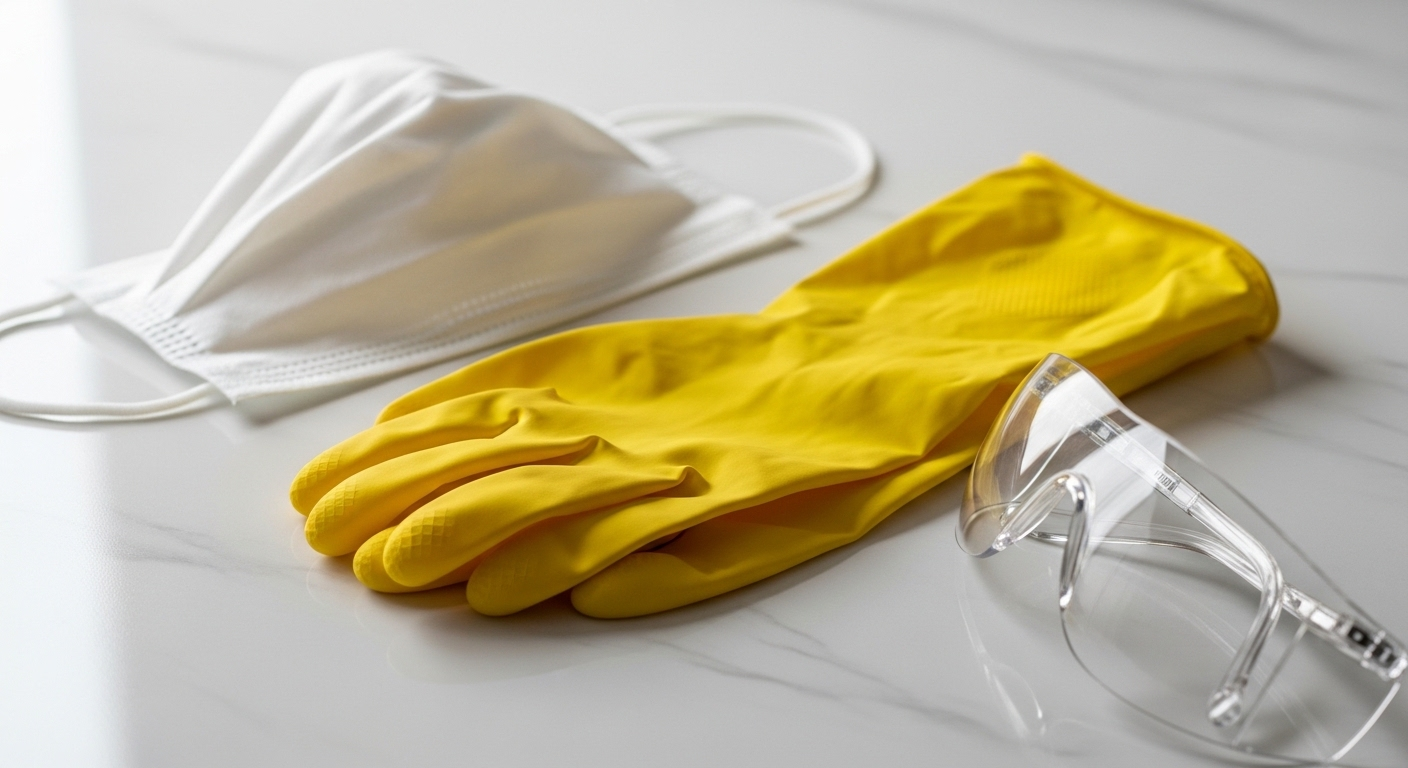 Găng tay cao su vàng, khẩu trang y tế và kính bảo hộ sắp xếp gọn gàng trên nền sứ trắng, sẵn sàng cho việc vệ sinh an toàn và hiệu quả, đặc biệt khi tìm hiểu cách vệ sinh bồn cầu bị ố vàng.