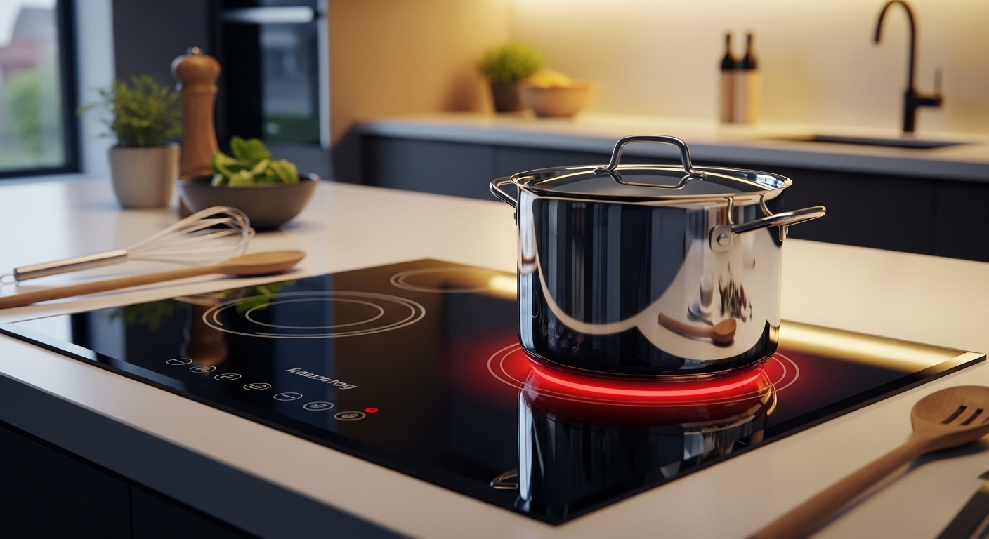 Bếp hồng ngoại hiện đại, sạch sẽ đang đun nồi lớn trên bàn bếp với ánh sáng đỏ dịu an toàn, không lửa, nhấn mạnh hiệu quả và thông tin về giá bếp hồng ngoại.