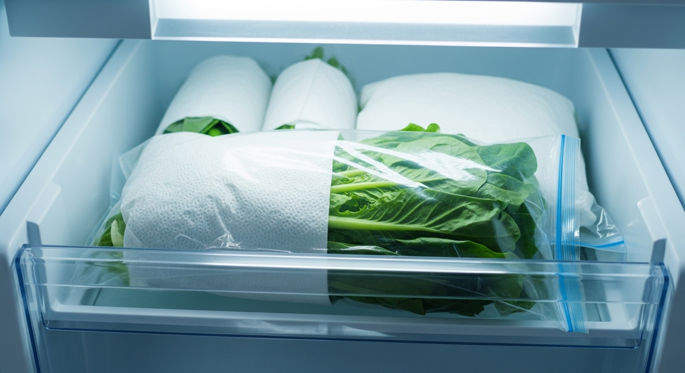 Rau xanh tươi (cải bó xôi) được bọc khăn giấy và đóng túi kín trong ngăn tủ lạnh. Đây là một mẹo vặt nhà bếp giúp bảo quản rau tươi lâu.