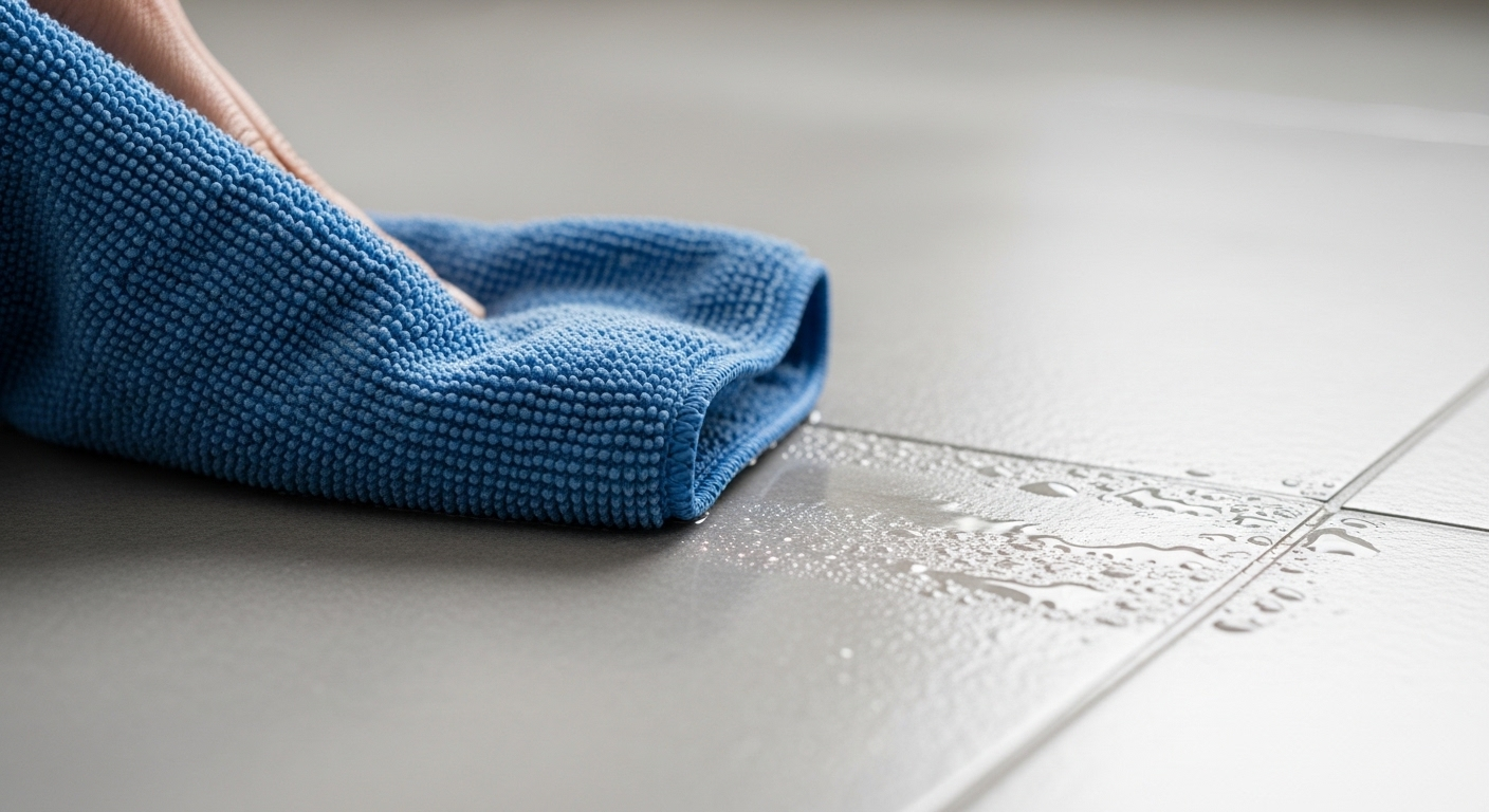 Vải microfiber xanh đang lau khô gạch nền nhà tắm ướt, minh họa một bước quan trọng trong cách làm sạch nền nhà tắm hiệu quả, giúp bề mặt khô ráo và sáng bóng.