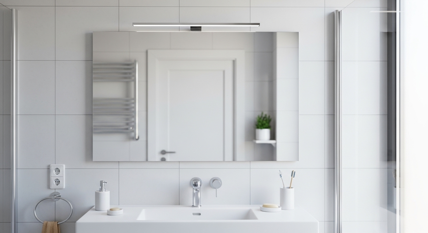 Một chiếc gương nhà tắm sạch bóng, trong vắt không tì vết, phản chiếu rõ nét nội thất phòng tắm gọn gàng. Hình ảnh minh họa kết quả của cách làm sạch gương nhà tắm hiệu quả.