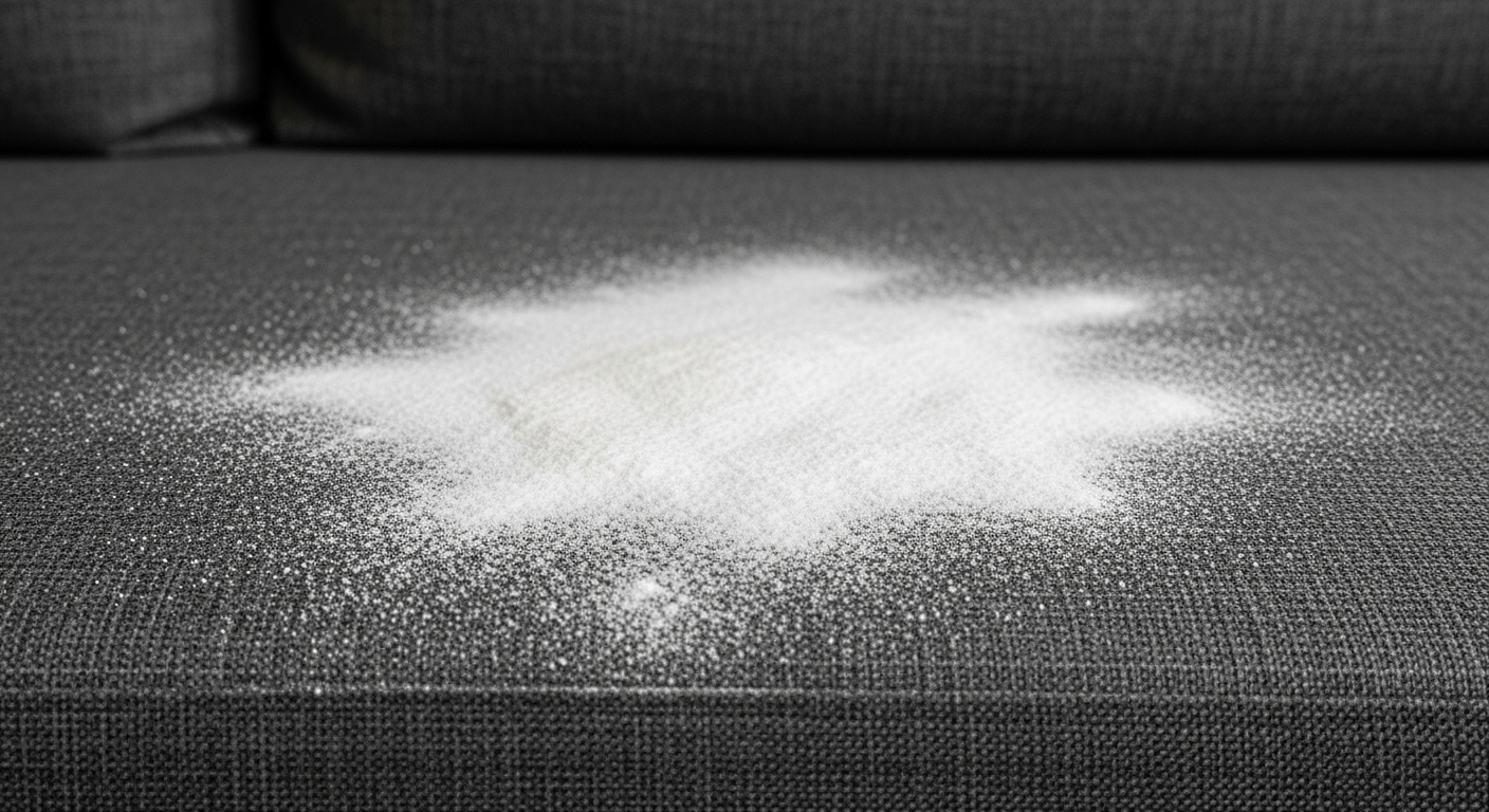 Bột baking soda trắng rắc đều trên đệm sofa vải xám đậm, minh họa cách xử lý sofa bị mốc và làm sạch hiệu quả.
