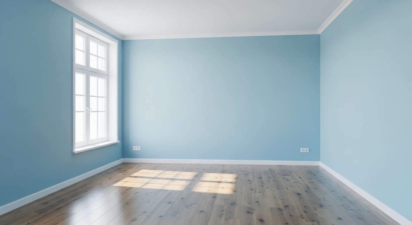 Phòng ngủ mới sơn tường màu xanh nhạt, sàn gỗ sạch sẽ, ngập tràn ánh sáng tự nhiên, tạo cảm giác trong lành. Đây là không gian lý tưởng sau khi áp dụng các cách khử mùi sơn nhà mới hiệu quả.