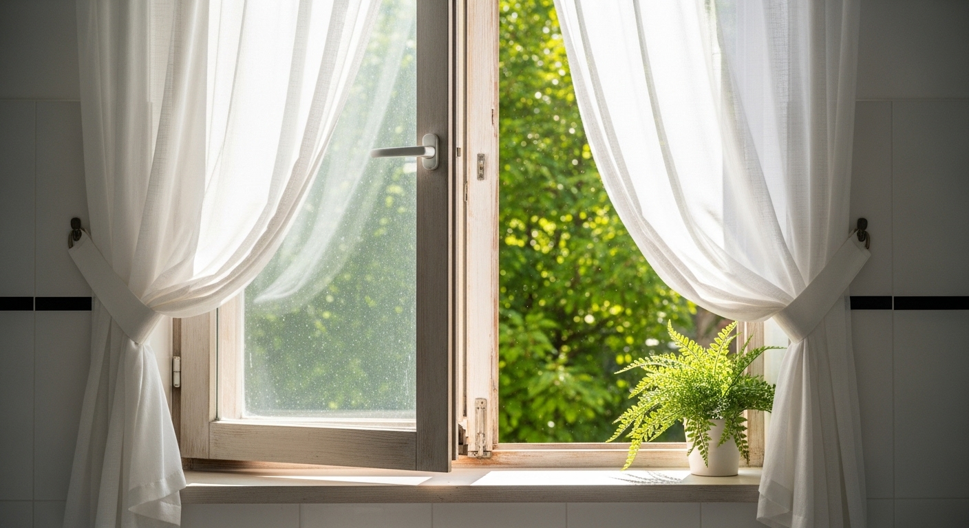 Cửa sổ phòng tắm mở với rèm trắng bay, đón ánh sáng tự nhiên và không khí trong lành, minh họa cách khử mùi nhà vệ sinh hiệu quả nhờ thông gió.
