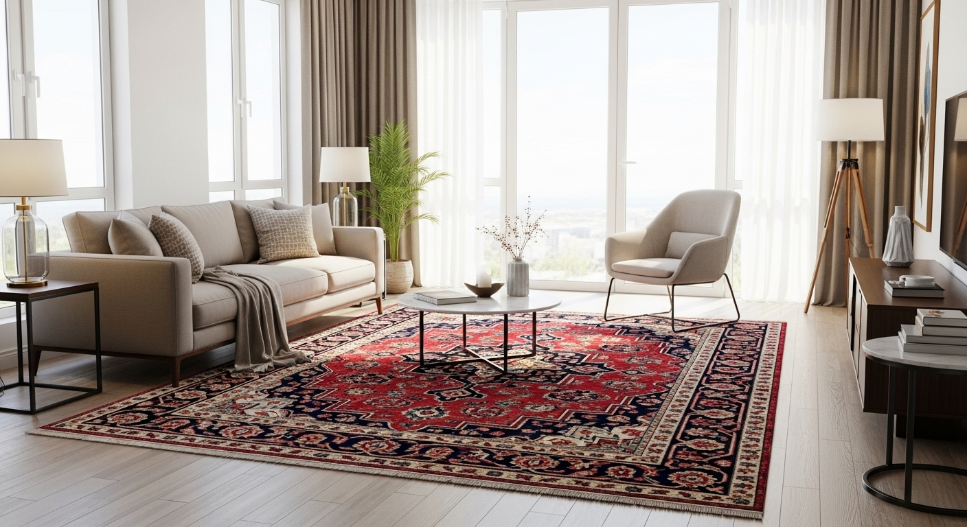 Phòng khách sạch sẽ, gọn gàng với thảm trải sàn màu sắc tươi sáng, trông sạch tinh tươm và phẳng phiu, thể hiện hiệu quả của dịch vụ giặt thảm tại nhà.