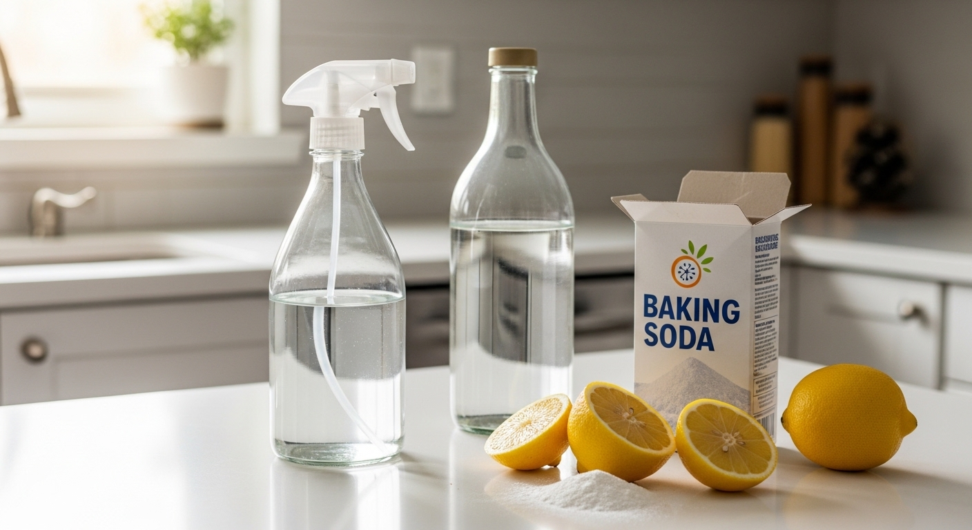 Trên bàn bếp trắng sạch, giấm trắng, baking soda và chanh lát được bày cạnh bình xịt thủy tinh, dưới ánh sáng tự nhiên. Đây là những nguyên liệu chuẩn bị cho cách lau nhà sạch bóng bằng phương pháp tự nhiên. Trên bàn bếp trắng sạch, giấm trắng, baking soda và chanh lát được bày cạnh bình xịt thủy tinh, dưới ánh sáng tự nhiên. Đây là những nguyên liệu chuẩn bị cho cách lau nhà sạch bóng bằng phương pháp tự nhiên.