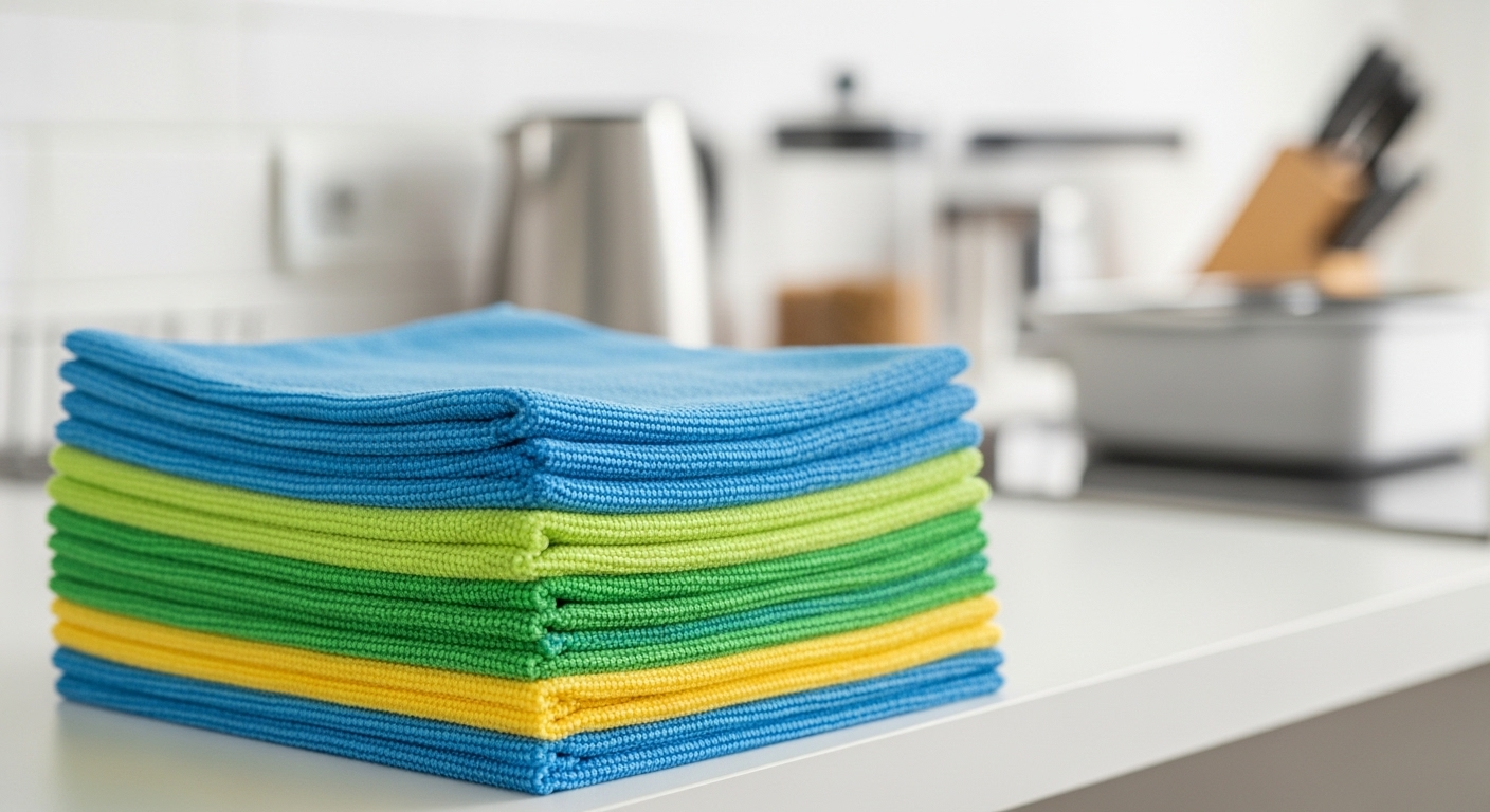 Chồng khăn lau microfiber nhiều màu xếp gọn trên kệ bếp, sẵn sàng cho việc vệ sinh nhà bếp.