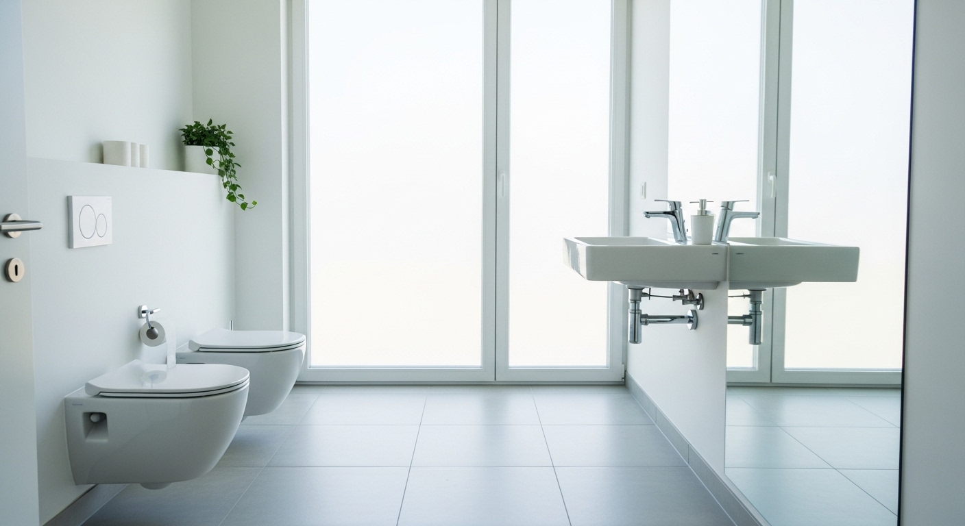 Phòng tắm hiện đại, trắng tinh, sạch bóng từ vòi chrome đến sàn gạch không tì vết, minh họa rõ nét có nên thuê dịch vụ vệ sinh nhà ở để duy trì không gian tươi mới và hoàn hảo này.