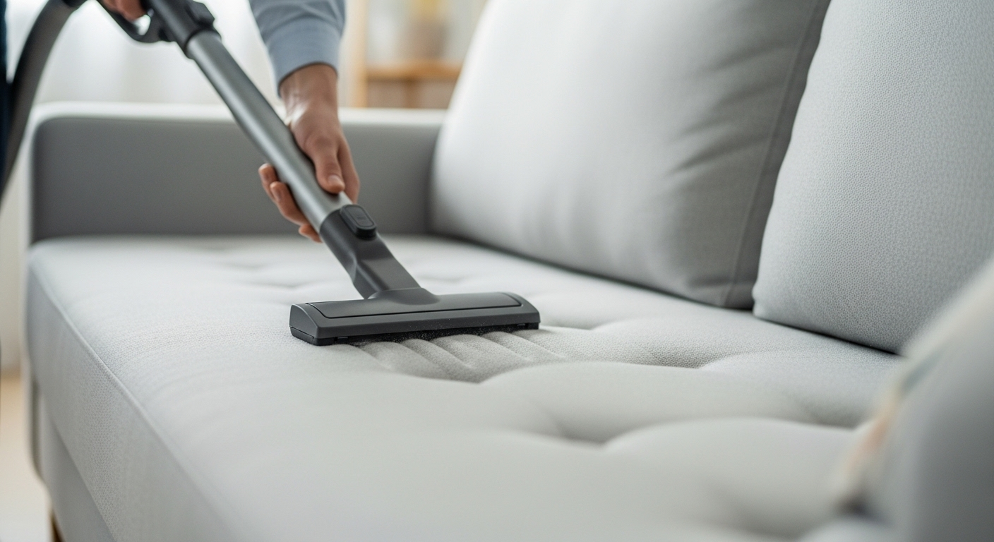 Hút bụi ghế sofa sáng màu bằng máy chuyên dụng, giữ cho cách bọc ghế sofa luôn sạch sẽ và bền đẹp.