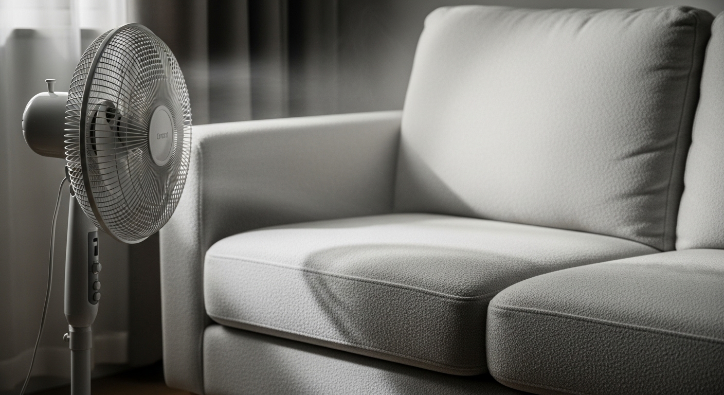 Ghế sofa nỉ sáng màu, hơi ẩm và sạch sẽ, đang được quạt làm khô tự nhiên; minh họa một bước quan trọng trong cách giặt ghế sofa nỉ tại nhà hiệu quả.