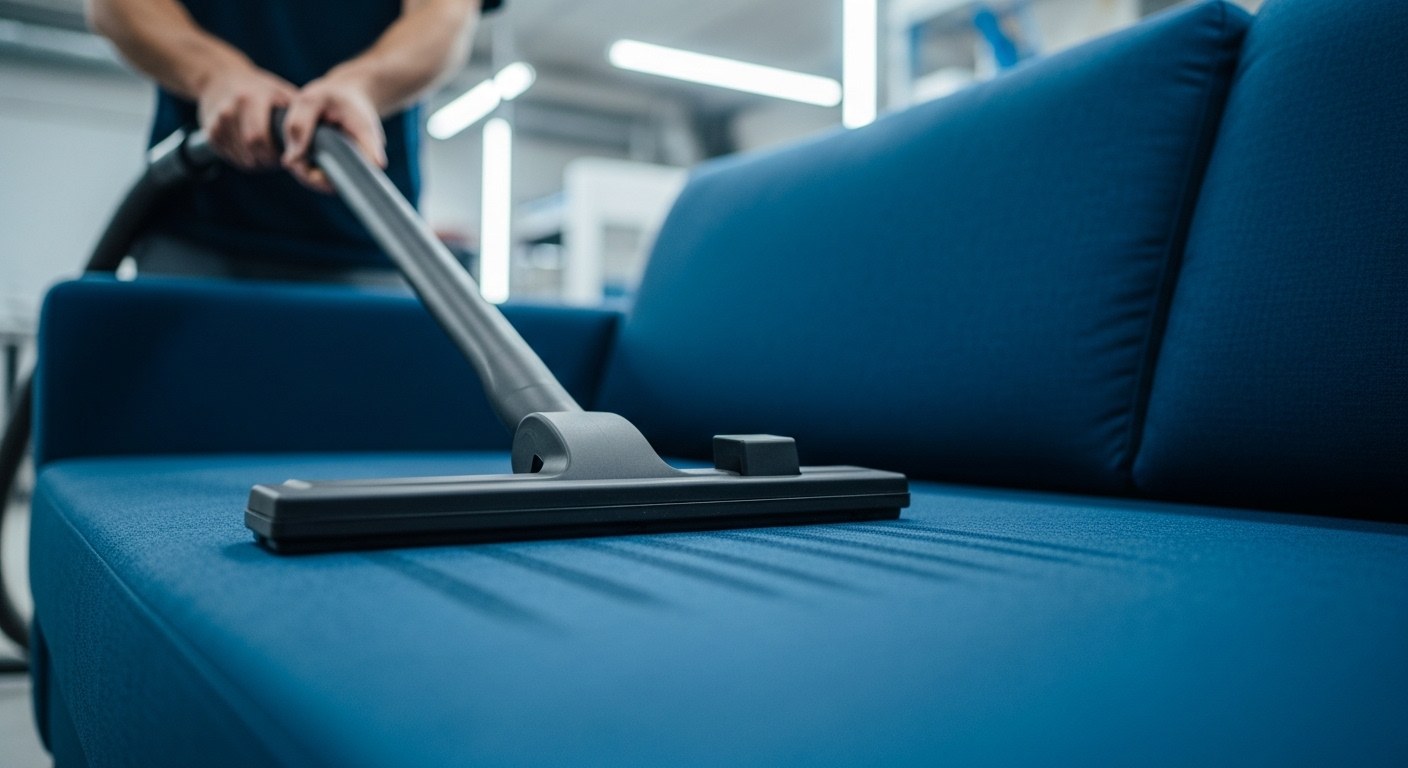 Hình ảnh máy hút bụi chuyên dụng đang làm sạch ghế sofa vải màu xanh đậm, minh họa cách giặt ghế sofa vải hiệu quả và giữ gìn độ bền đẹp.