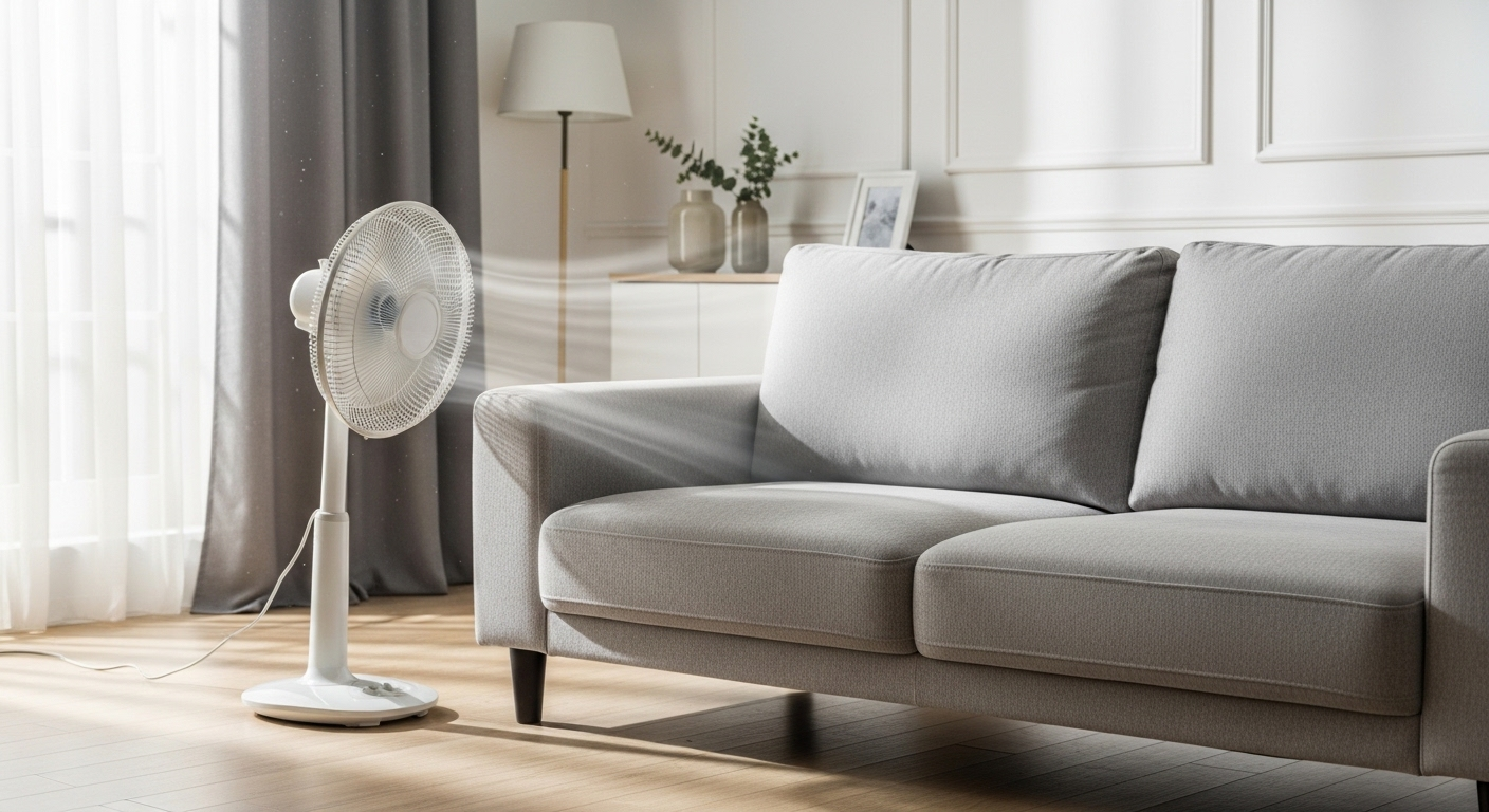 Ghế sofa vải xám nhạt mới giặt đang được quạt làm khô tự nhiên trong phòng khách thoáng đãng, minh họa cách giặt khô ghế sofa tại nhà hiệu quả.