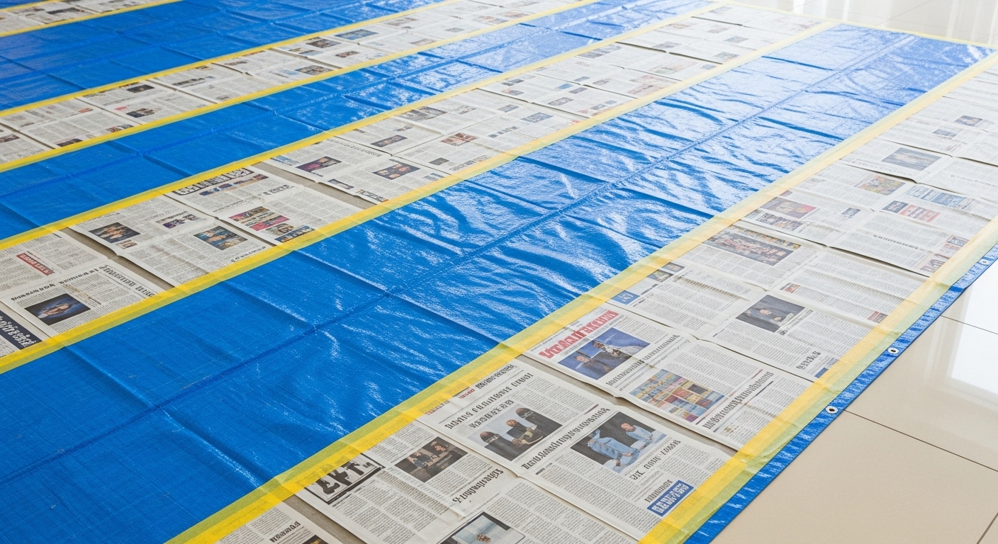 Nền gạch ốp lát được che phủ kỹ lưỡng bằng bạt và giấy báo, chuẩn bị cho công trình sửa chữa, giúp ngăn ngừa vết bẩn và tránh phải tìm cách tẩy xi măng trắng trên nền gạch sau khi hoàn tất.