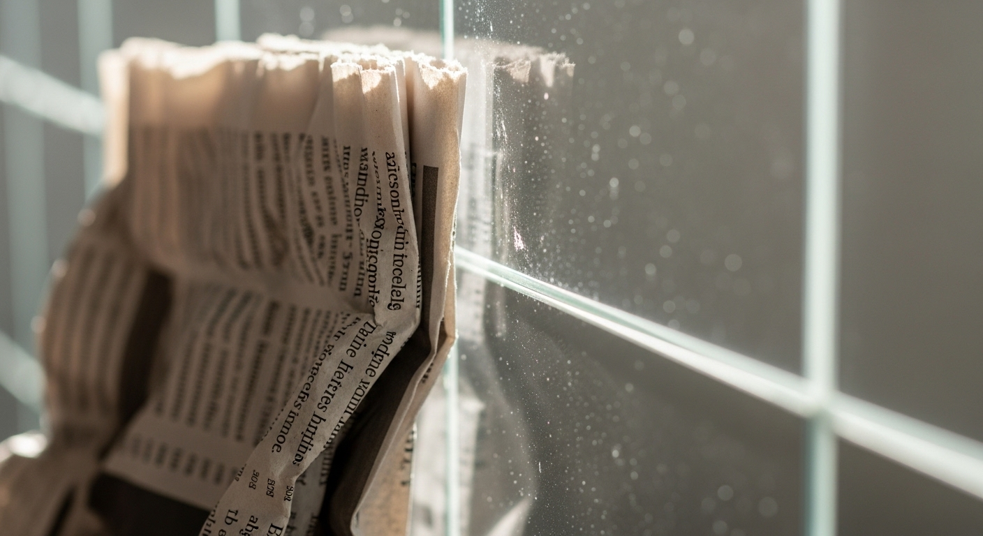 Cận cảnh dùng giấy báo khô lau sạch cửa kính, minh họa cách lau cửa kính nhanh và sạch giúp loại bỏ vệt ố và tăng độ sáng bóng.