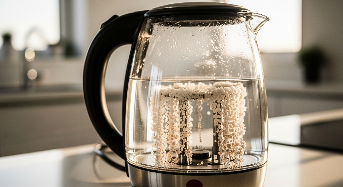 Ấm đun siêu tốc thủy tinh trong suốt bị bám lớp cặn canxi trắng và nâu nhạt dày đặc ở mâm nhiệt và đáy, minh họa vấn đề cần tẩy cặn canxi.