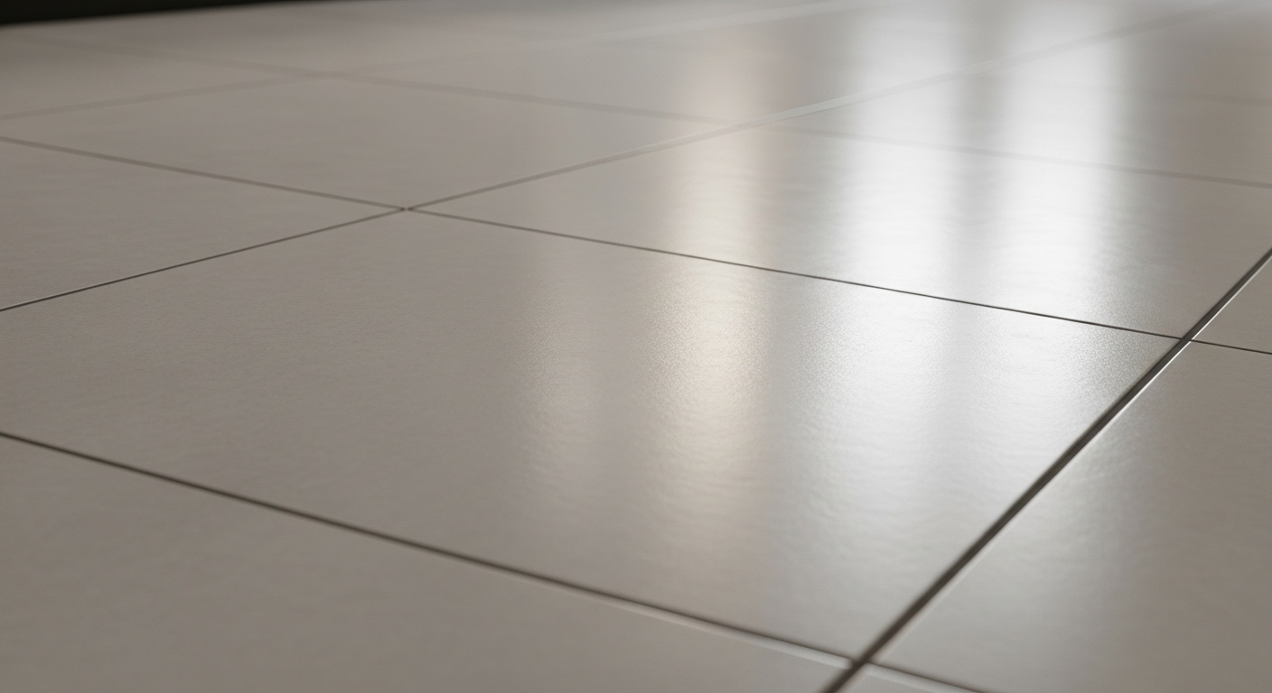 Sàn bếp gạch ceramic màu xám nhạt sạch tinh tươm, phản chiếu ánh sáng, thể hiện tiêu chuẩn vệ sinh nhà bếp hoàn hảo.