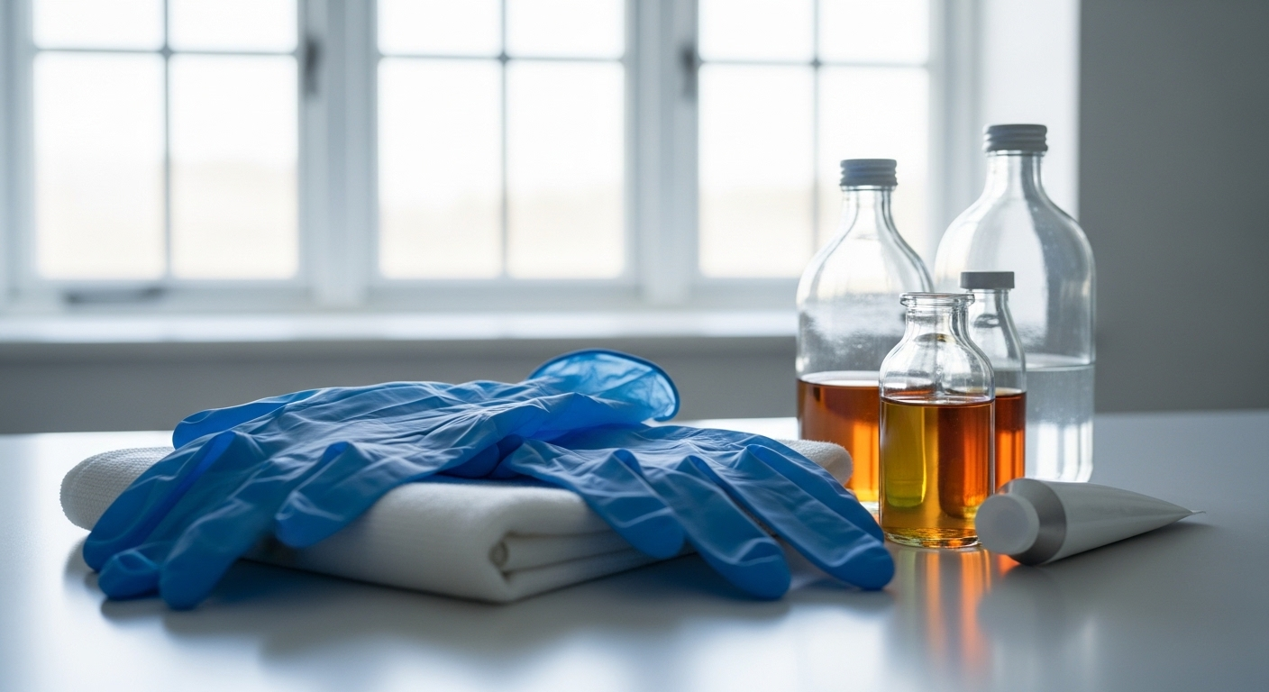 Găng tay bảo hộ, khăn và các chai dung dịch tẩy rửa trên mặt bàn sáng, minh họa cho cách tẩy mực bút lông dầu hiệu quả và an toàn.