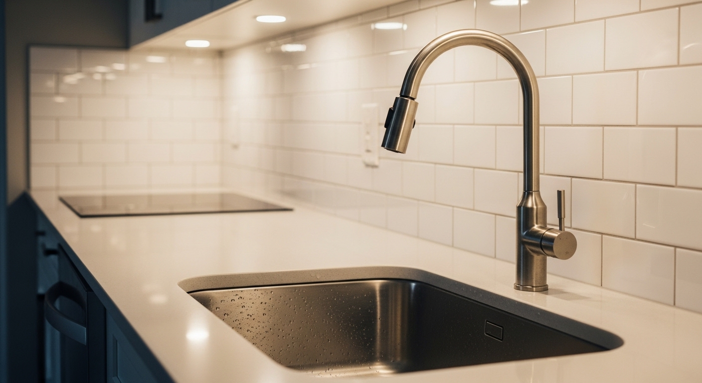 Mặt bếp và bồn rửa inox sáng bóng, gạch ốp tường trắng tinh sau khi được vệ sinh hoàn hảo. Minh chứng cho chất lượng dịch vụ vệ sinh nhà mới xây tại quận 11.