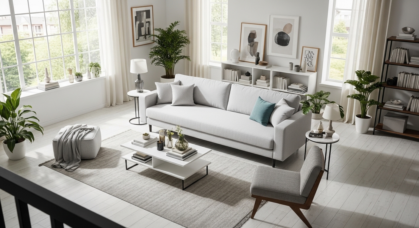 Phòng khách hiện đại, sáng bừng với chiếc sofa xám nhạt tinh tươm, sạch sẽ như vừa được giặt sofa tại nhà quận 7, tạo không gian sống tươi mới và tràn ngập ánh nắng.