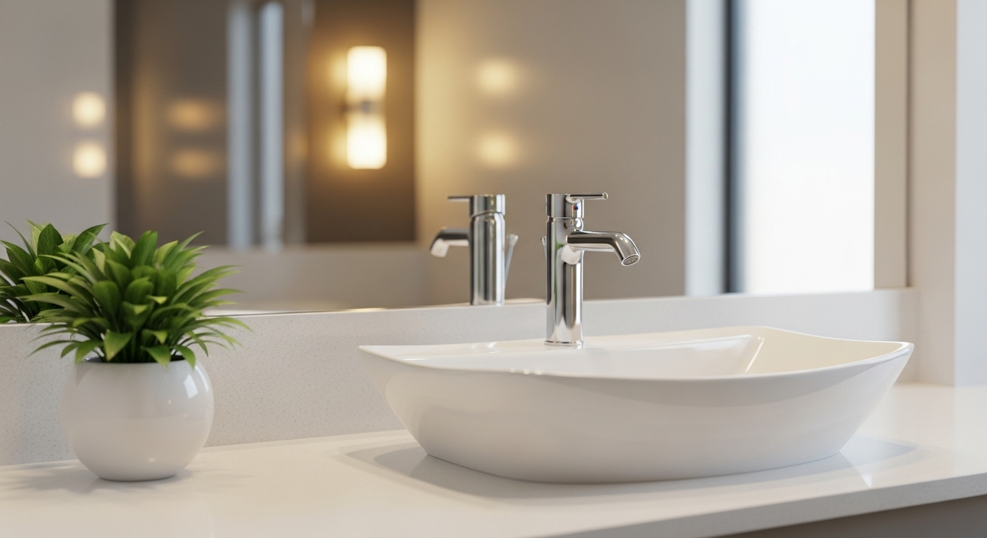 Mặt bàn phòng tắm sạch bóng với bồn rửa mặt sứ trắng, vòi crom sáng choang và cây xanh nhỏ. Gương phản chiếu không gian, thể hiện hiệu quả của cách làm sạch nhà tắm nhà vệ sinh hiệu quả.